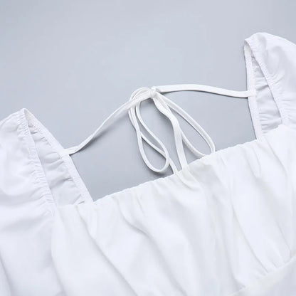 Square Collar Hollow Out Mini Dress - White Long Sleeve