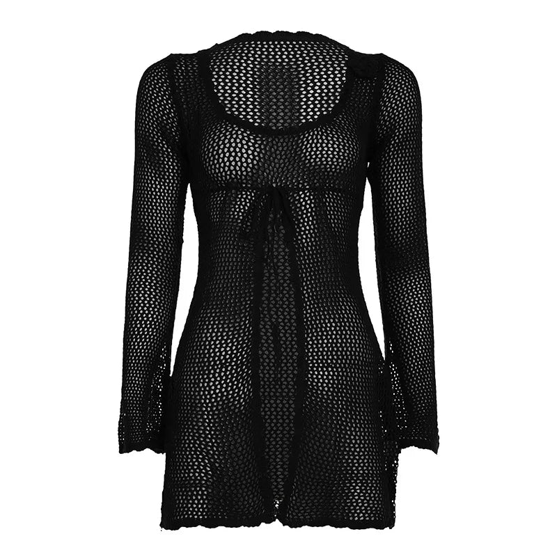 Knit Hollow Long Sleeve Cover Up See Through Slim