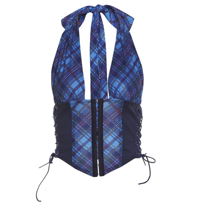 Plaid Print Deep V-Neck Halter Bandage Button Top