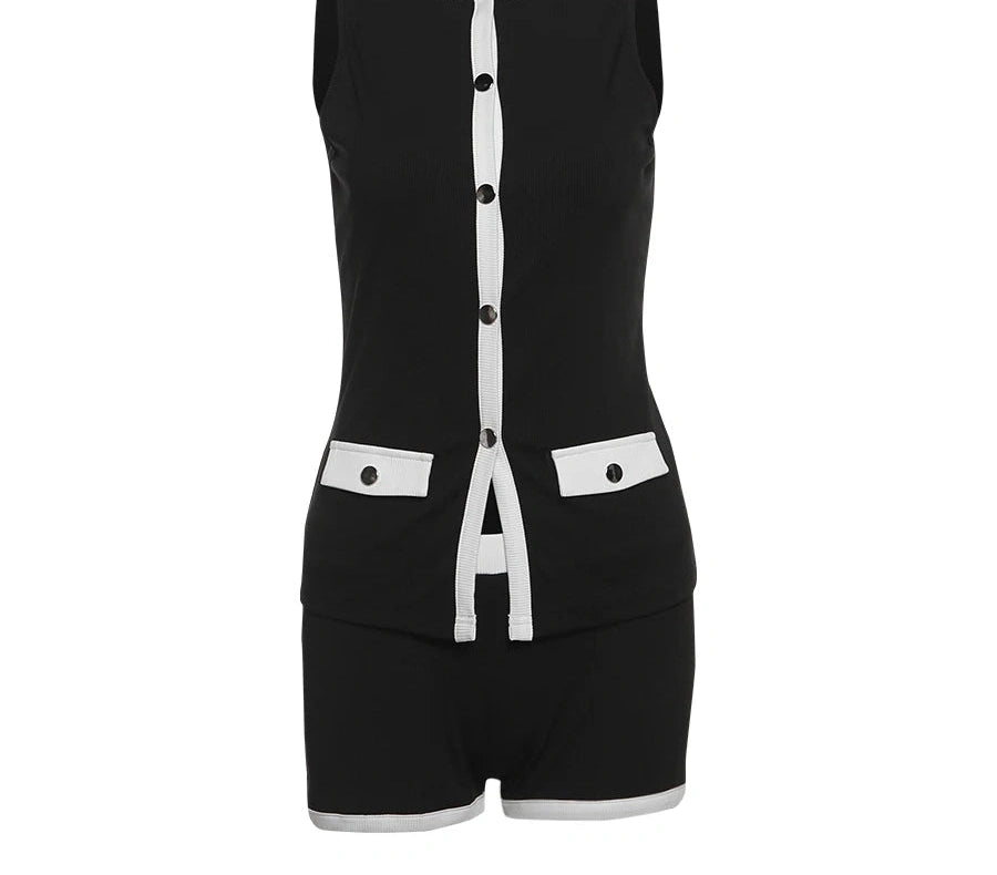 Ribbed Patchwork Two Piece Set Single-Breasted Sleeveless Top Stretch Shorts Daily