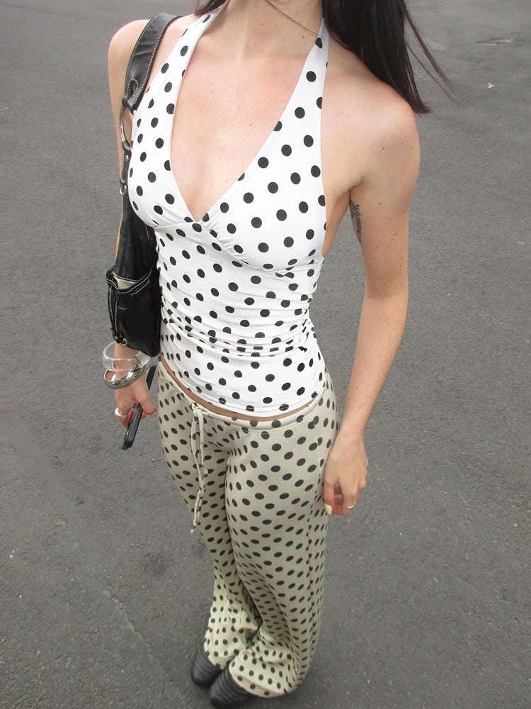V-Neck Halter Vest - Backless Polka Dot Summer Top