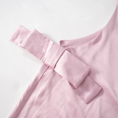 Pink Satin Hollow Out Bow Mini Dress