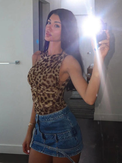 Leopard Ruched Sleeveless Bodysuit
