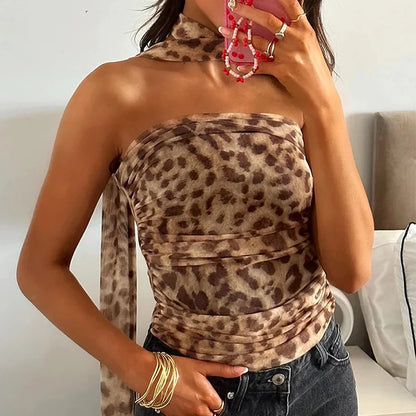 Leopard Mesh Halter Top and Skirt Set