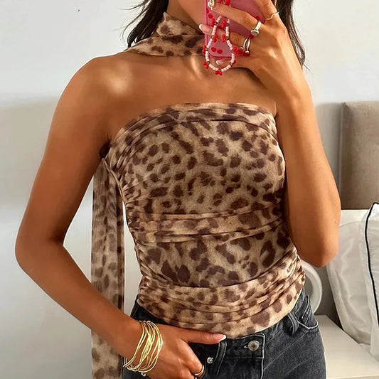 Leopard Mesh Halter Top and Skirt Set
