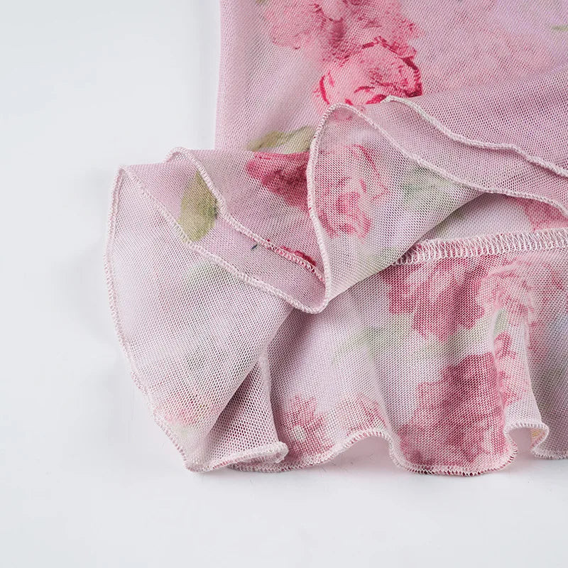 Pink Floral See Through Mesh Ruffled V-Neck Backless Top