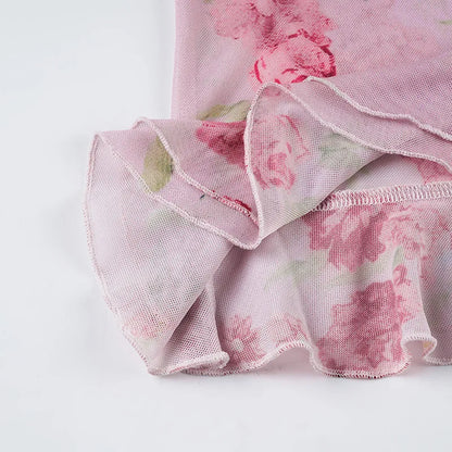 Pink Floral See Through Mesh Ruffled V-Neck Backless Top