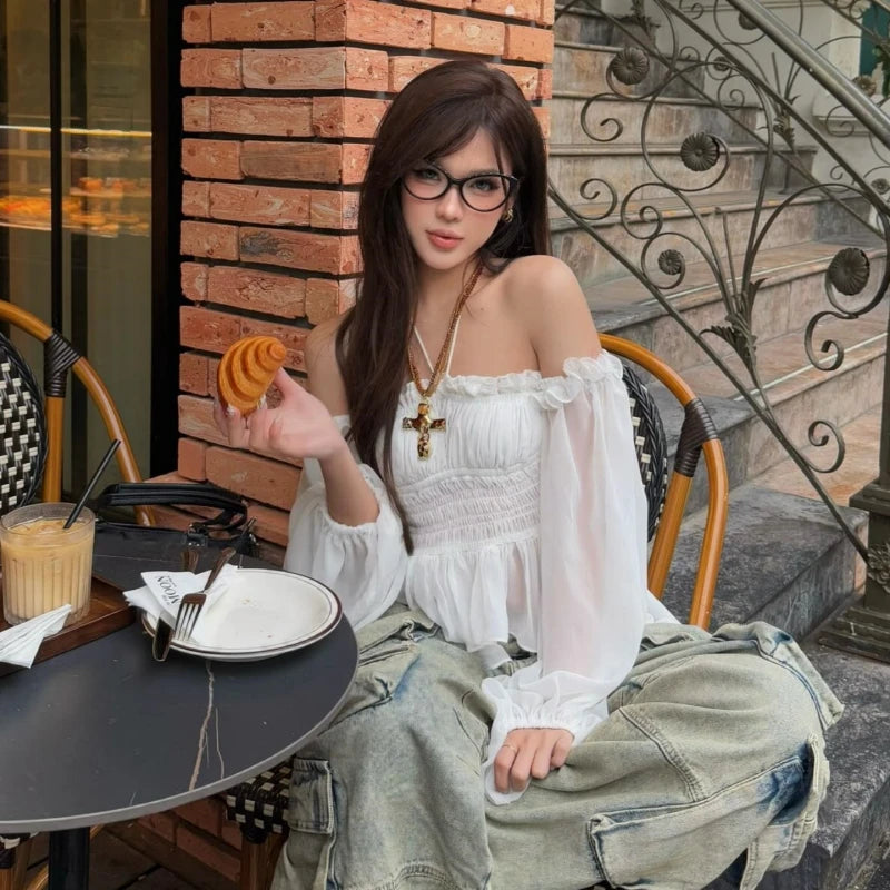 White Off Shoulder Long Sleeve Crop Top