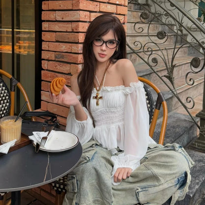 White Off Shoulder Long Sleeve Crop Top