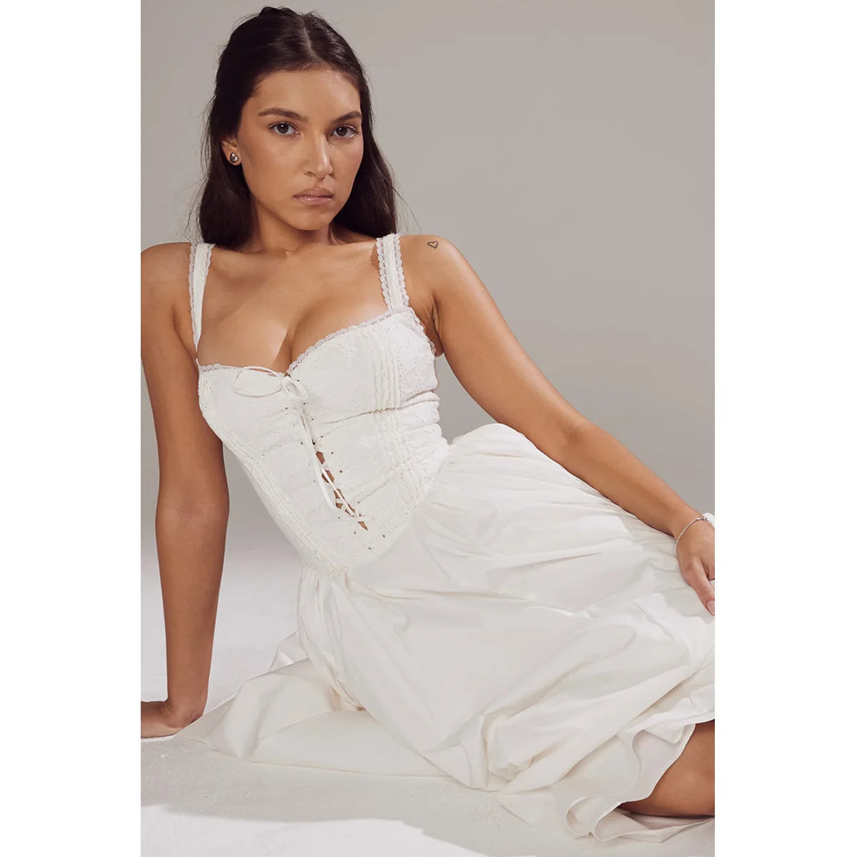 White Lace Up Midi Dress