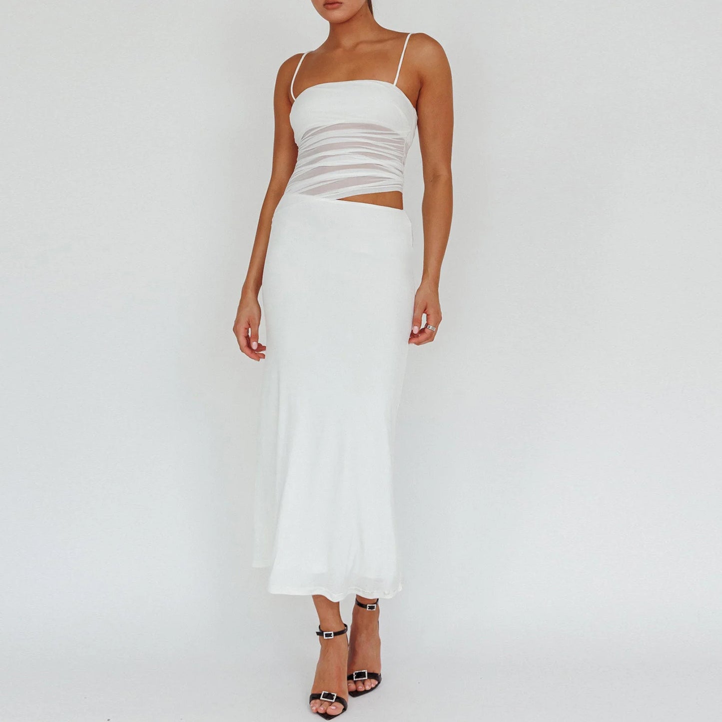 2 Piece Skirts Color Mesh Irregular Sleeveless Cami Top Long Skirts Set