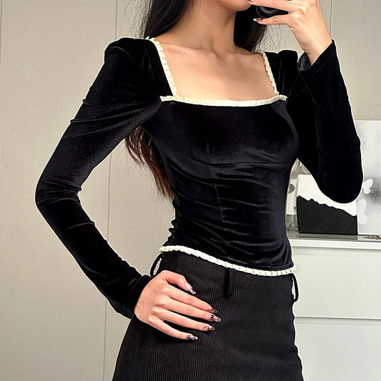 Black Square-Neck Patchwork Long Sleeve Top