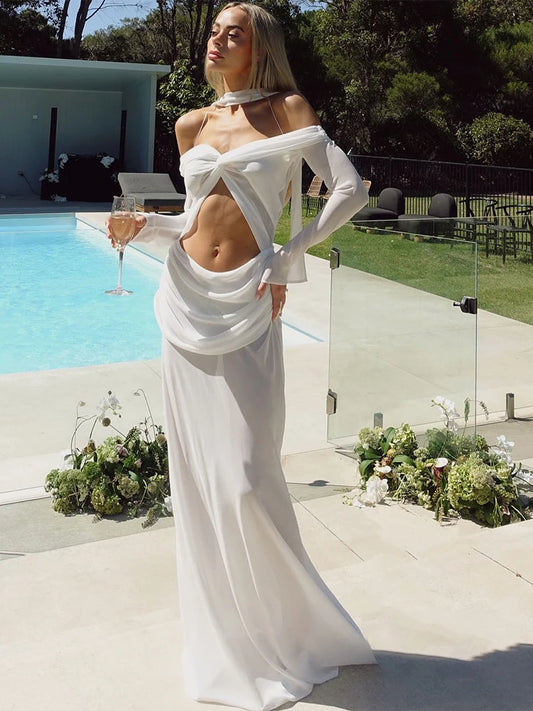 Meh Stack Dress Unique Hollow Off Shoulder Pleat Full Sleeve Flare Maxi Bodycon Vacation