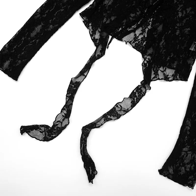 Black See Through Lace Mesh Long Sleeve Top