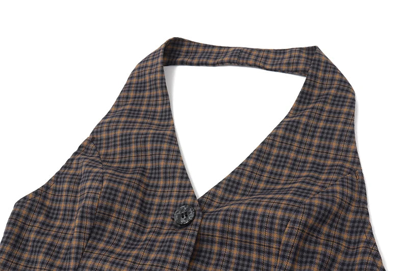 Brown Plaid V-Neck Vest