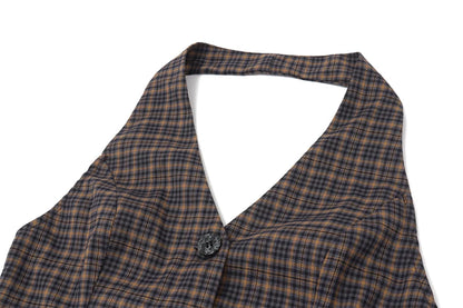 Brown Plaid V-Neck Vest