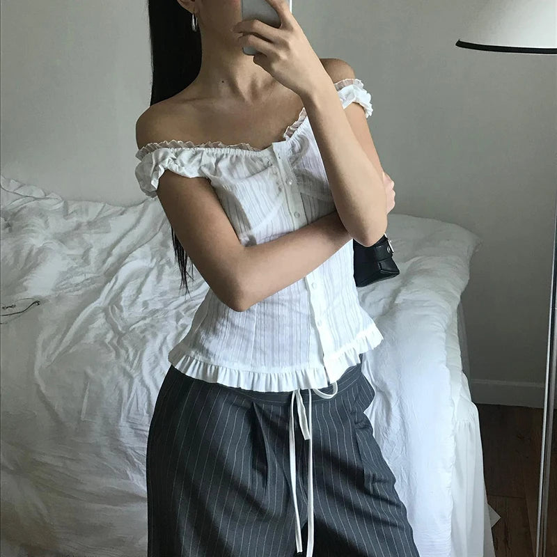 White Ruched Lace Top