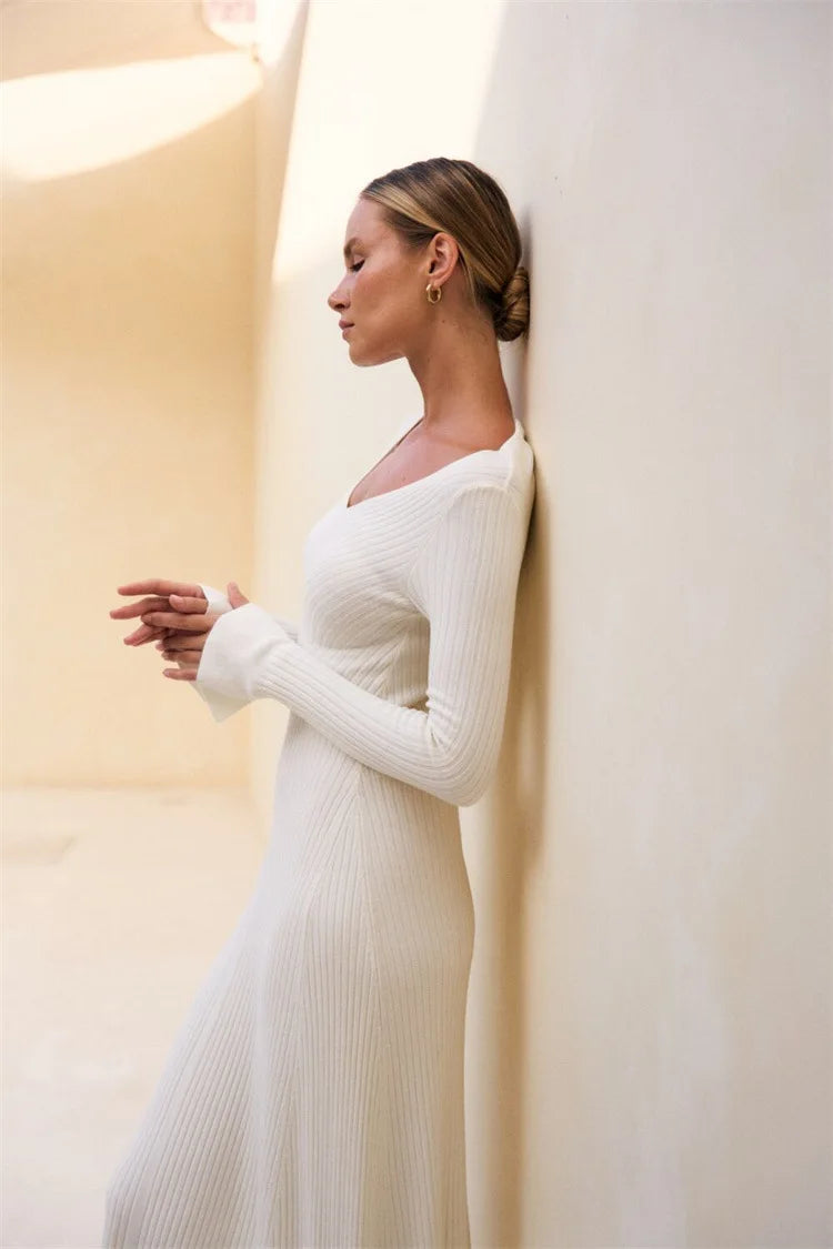 V-Neck Ribbed Knit Dress Patchwork Ruffled Slim High Waist Long Sleeve Bodycon Dress Knit Vintage Maxi Dress