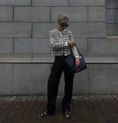 Striped Knit 2 Piece Set: Zebra Cardigan & High Waist Shorts