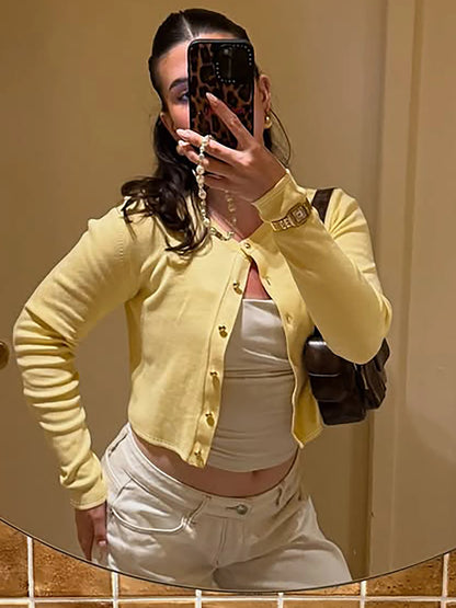 Yellow O-Neck Long Sleeve Cardigan