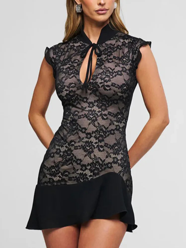 Hollow Out Lace Ruffle Dress Black Sleeveless St Collar Dress
