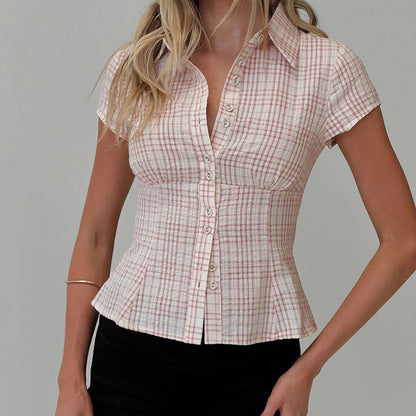 Women’s Short Sleeve Plaid Button Down Shirt A