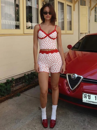 Red Lace Backless Top and Mini Shorts Set