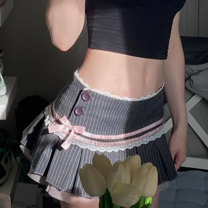 Black High Waist Mini Skirt with Pink Bow