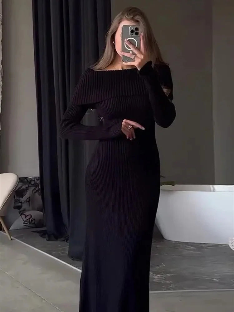 Knit Long Dress Off-Shoulder Ribbed Loose High Waist Dress Ladies Knit Maxi Dress