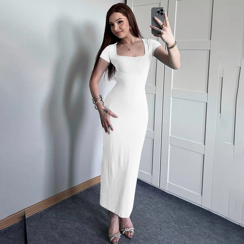Square Collar Long Dress Short Sleeve Skinny Maxi Dress