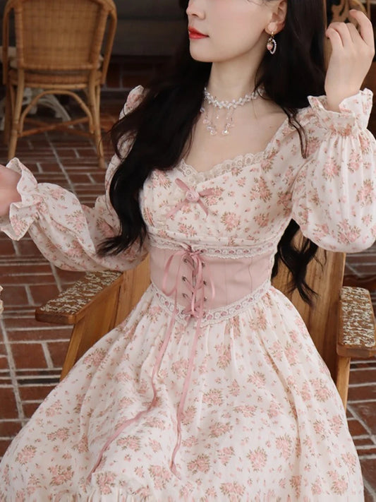 Spring Pink Floral Dress Bandage Lace Print Dress Puff Sleeve Kawaii Dress Princess Fairy