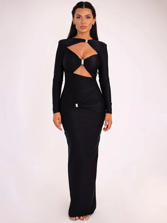 Hollow Out Long Sleeve Maxi Dress Solid Color Slim Fit Cut Out Long Dress