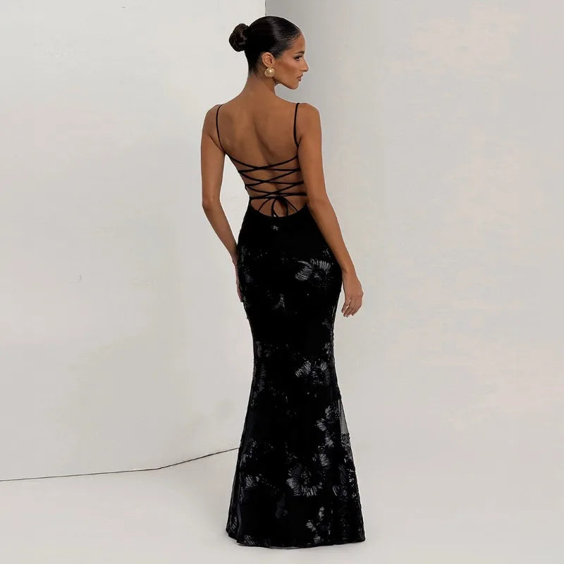 Flower Lace Up Backless Maxi Dress