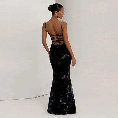 Flower Lace Up Backless Maxi Dress