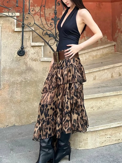 Leopard High Waist Ruched Long Skirt