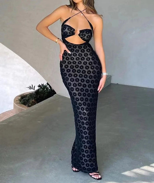 Solid Color Hanging Neck Maxi Dress Hollow Perspective Bag Hips Street y Dress