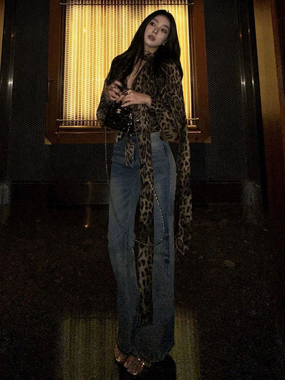 Leopard Chiffon Halter Long Sleeve Shirt