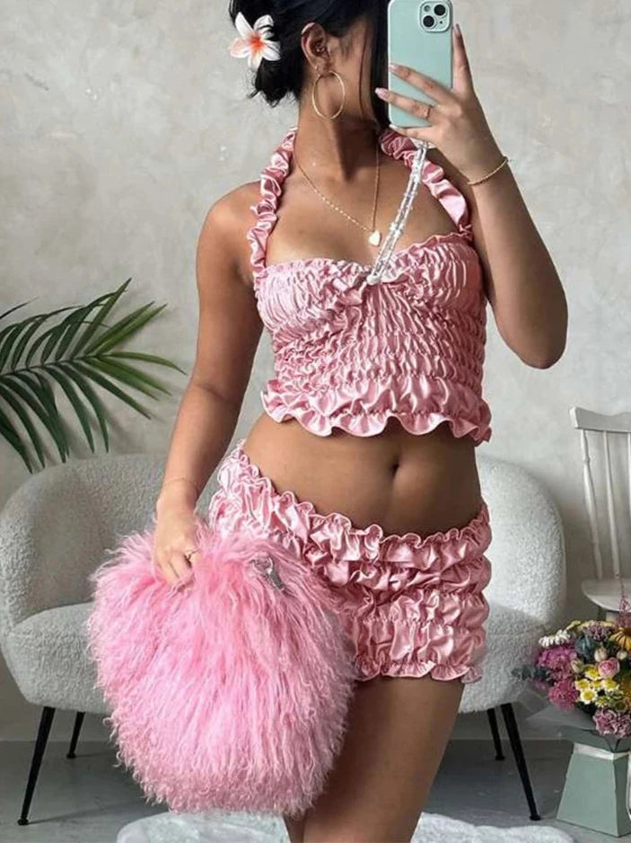 Pink Silky Top and Mini Skirt Set