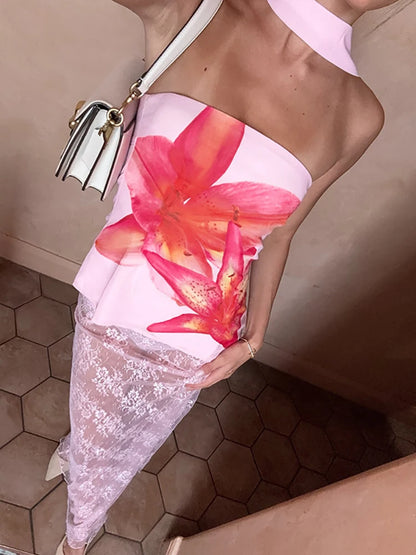 Pink Strapless Ribbon Tank Top - Backless Halter Style