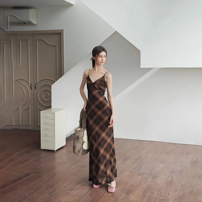Brown Striped Plaid Slim Maxi Dress