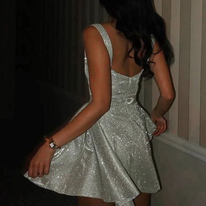 Glittering Silver Silk Mini Dress
