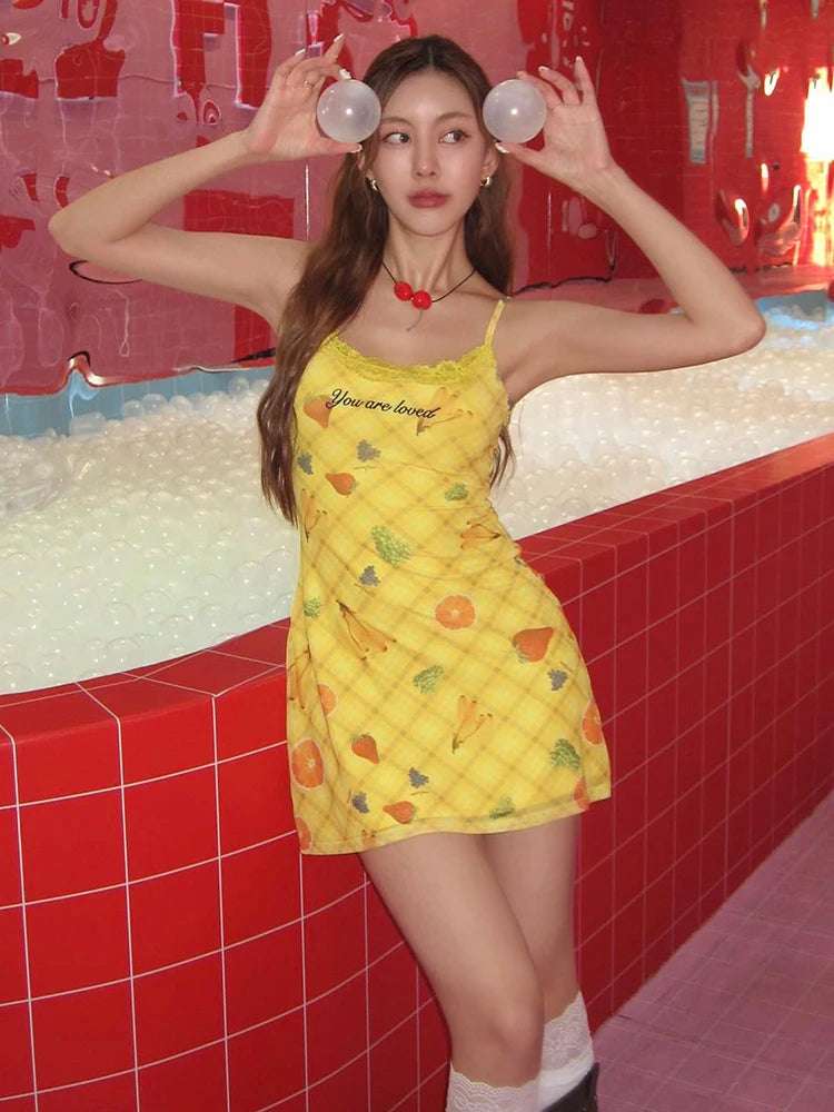 Women's Backless Fruit Print Mini Dress Yellow