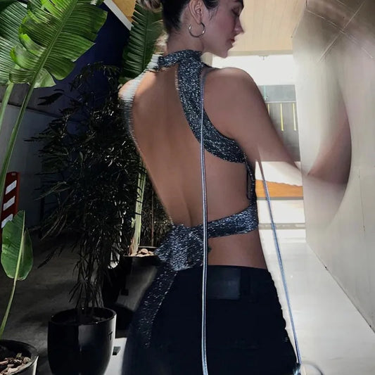Gray Backless Glitter Sleeveless Crop Top