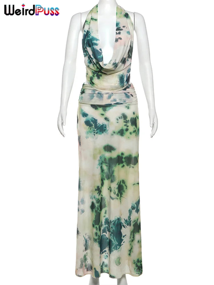 Print Halter 2Peice Set Swinging-Collar Ruffle Tie-Dye Skirt Matching Suit