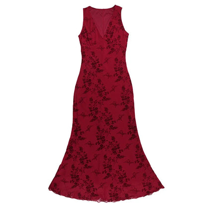 Floral Printed Deep V Long Dress - Sleeveless Slim Fit