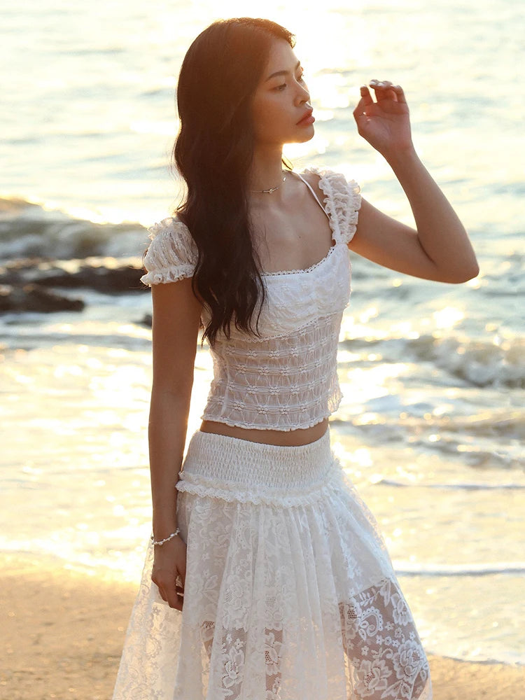 Patchwork Two-Piece Set Lace Crop Top High Slits Skinny Skirt Matching