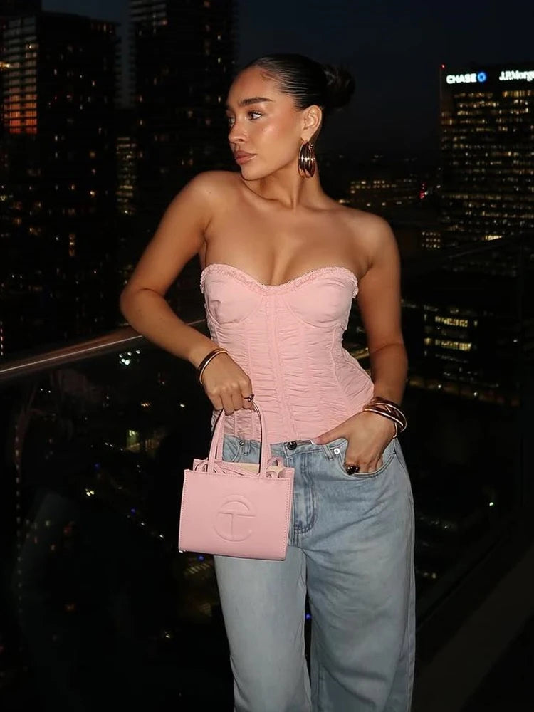 Ruffles Corset Top Fake Fishbones Wrap Daily stretch Tube Top
