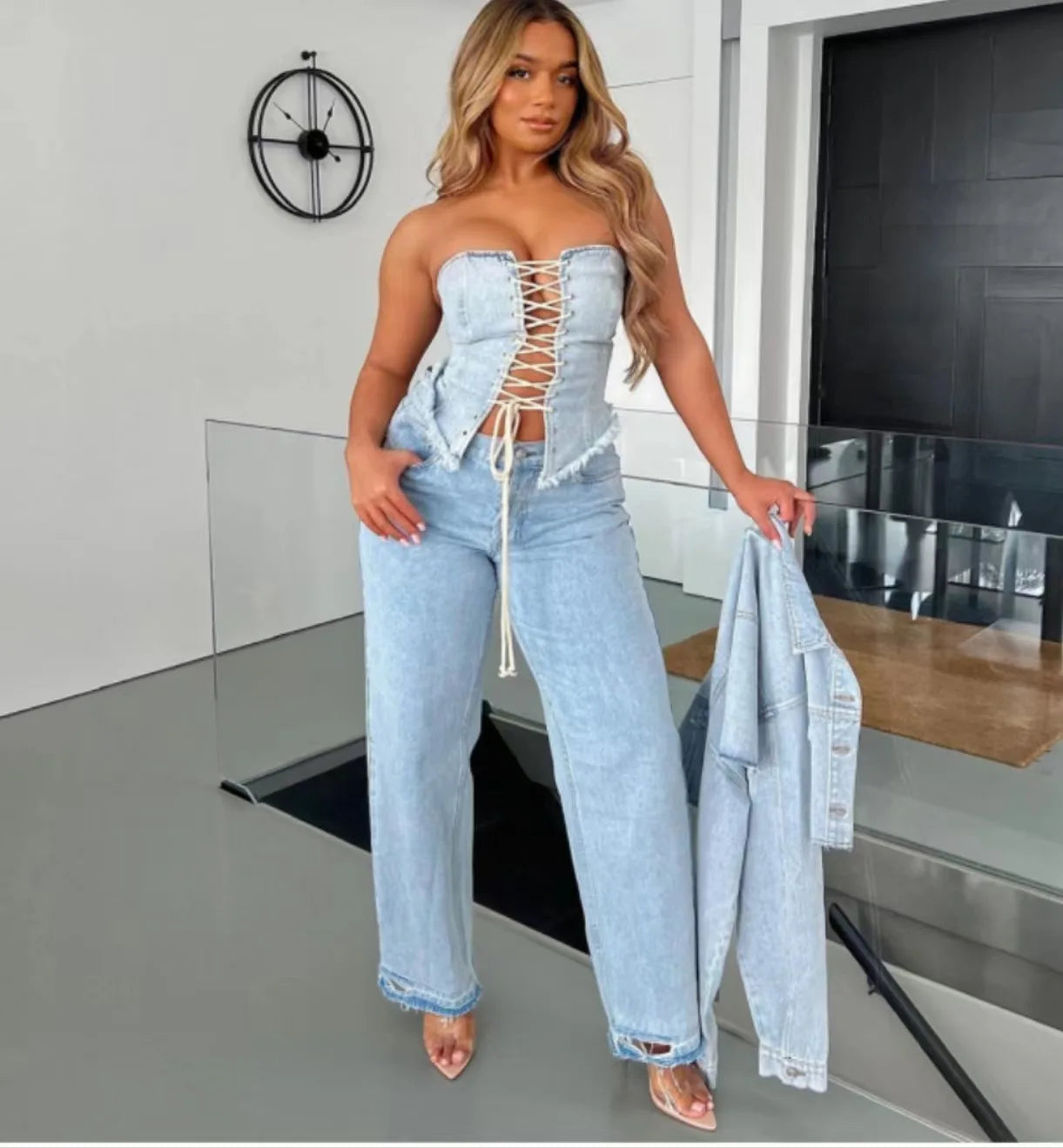 Denim Drawstring Strapless Top