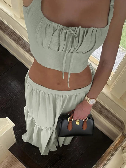 Green Pleated Crop Top and Maxi Skirt Set