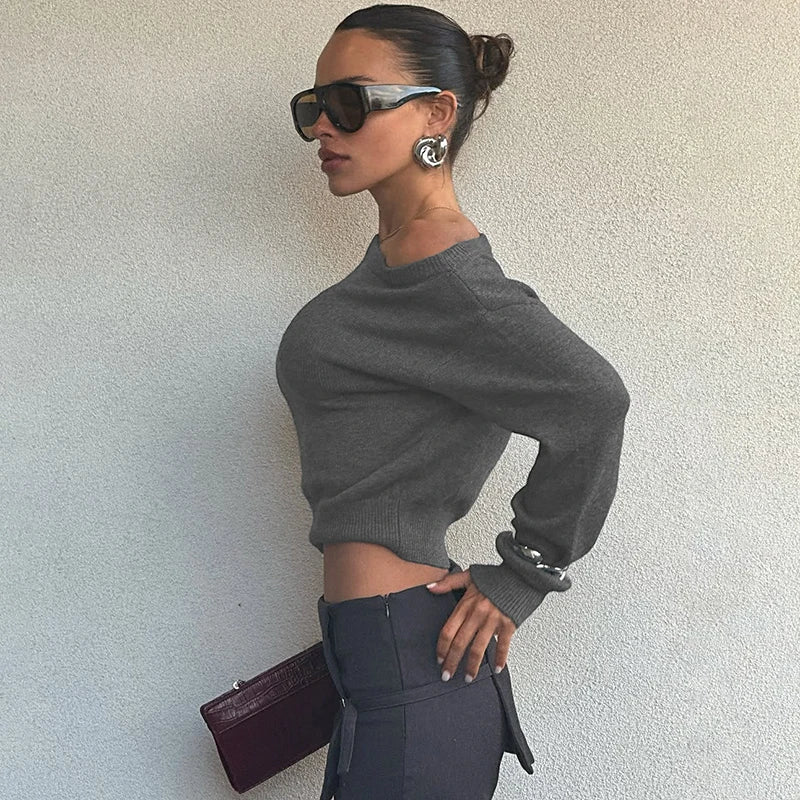 Inclined Shoulder Long Sleeve Slim Sweater